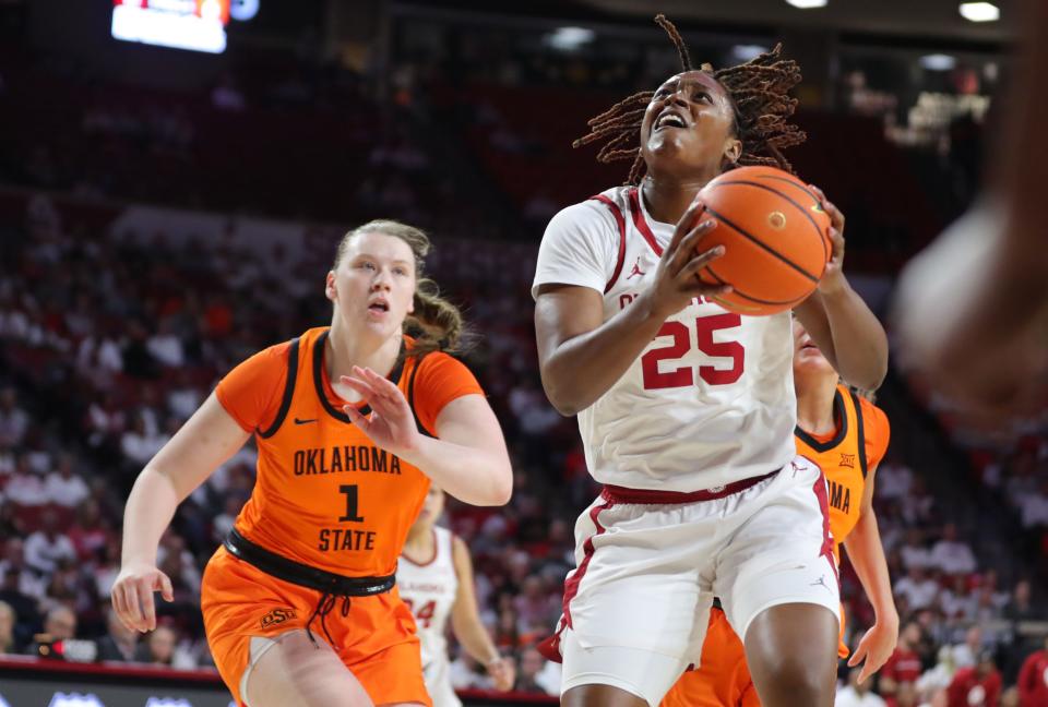 OU's Madi Williams (25) goes to the basket past OSU's Kassidy De Lapp (1) during the Sooners' 97-93 win on Jan. 21 at Lloyd Noble Center in Norman.