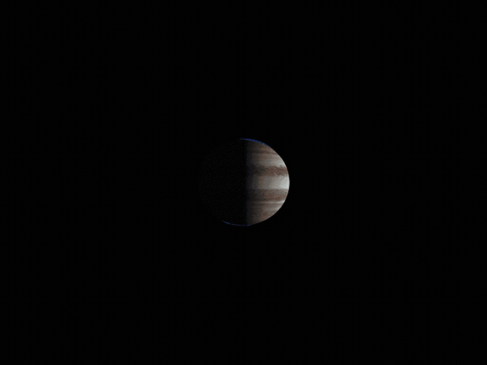 A complete reconstruction of what the northern and southern auroras on Jupiter looked like to the Juno Ultraviolet Spectograph (UVS) as NASAs Juno spacecraft made a close flyby of the planet. Jupiter is represented as a digital model as it might be observed in visible light. <cite>Bertrand Bonfond</cite>