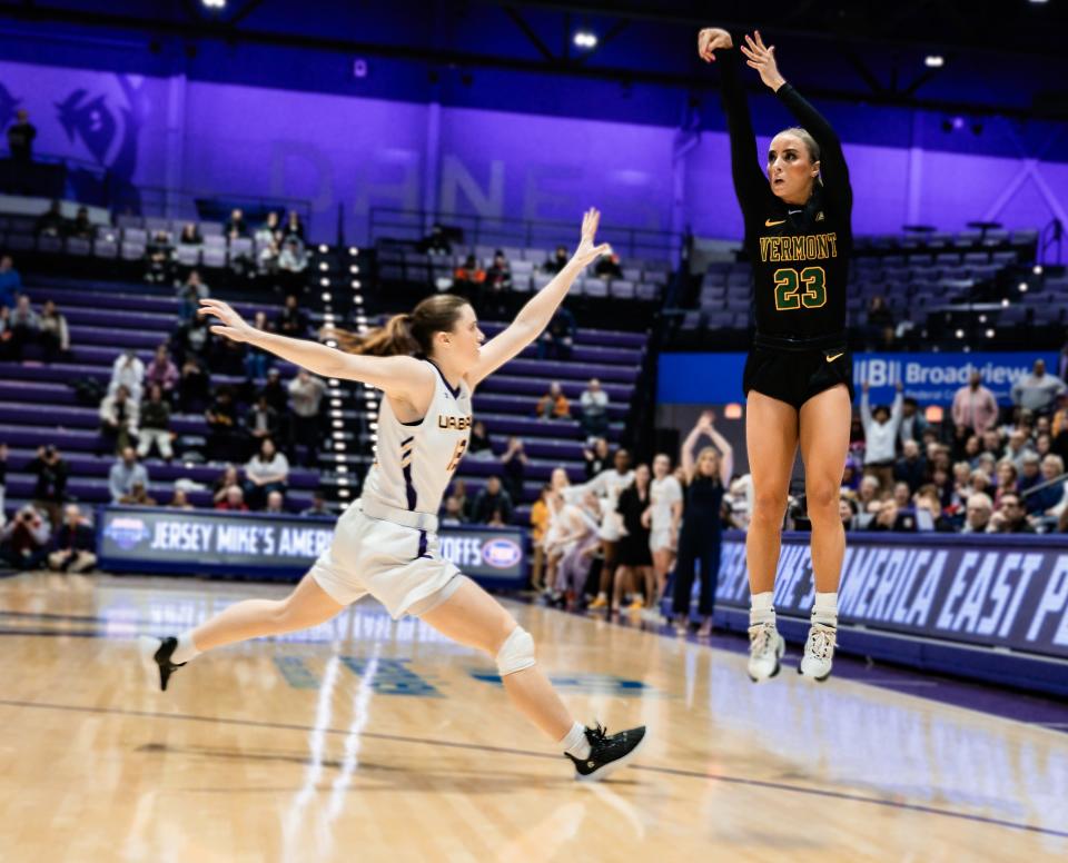 Vermont's Emma Utterback sinks the go-ahead 3-pointer with 14 seconds to go in the Catamounts' 50-46 win over Albany in Monday's America East Conference semifinals.