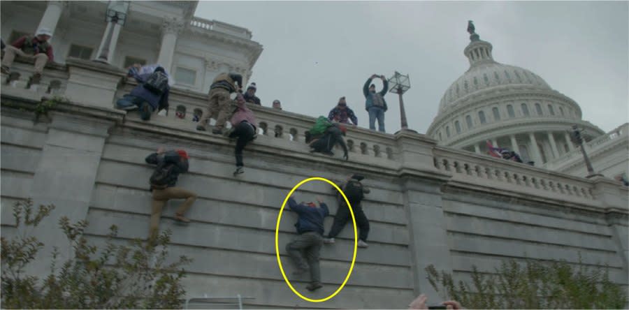 FBI investigation photos of Daniel Hatcher (circled in yellow) from the Jan. 6, 2021, riot at the U.S. Capitol.