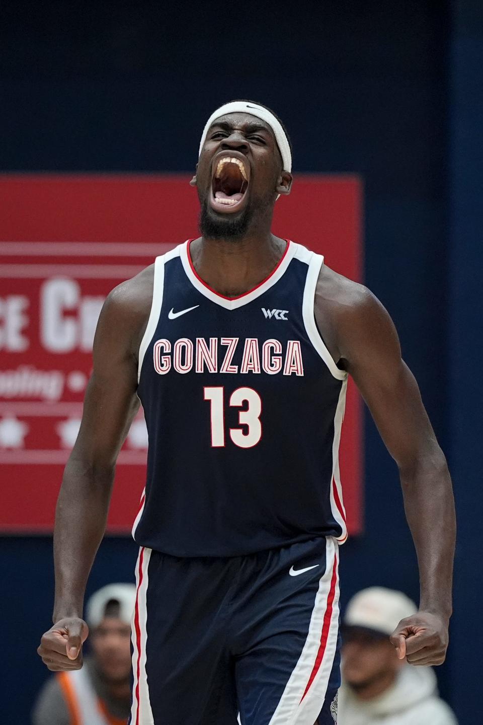 Gonzaga forward Graham Ike reacts during the second half of an NCAA college basketball game against Saint Mary's, Saturday, March 2, 2024, in Moraga, Calif