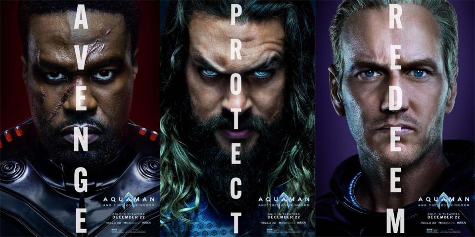 Black Manta, Aquaman, and Orm are seen in character posters for "Aquaman 2."