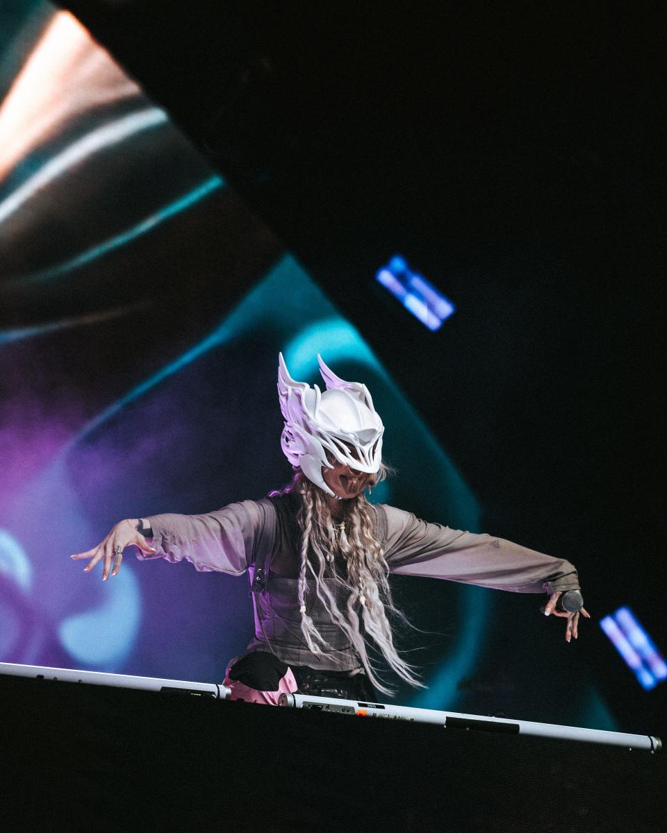 Grimes performs in the Sahara tent during the Coachella Valley Music and Arts Festival on Saturday, April 13, 2024, in Indio, Calif.