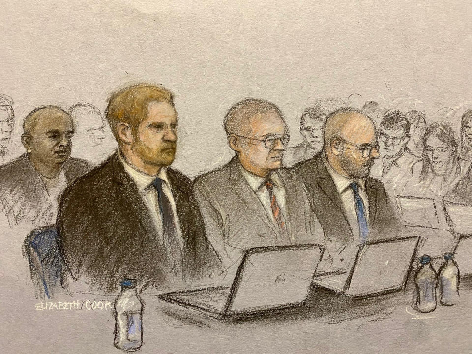 Court artist sketch by Elizabeth Cook of Baroness Doreen Lawrence (left) and the Prince Harry (second left) during a hearing at the Royal Courts Of Justice, central London, over allegations of unlawful information gathering brought against Associated Newspapers Limited (ANL) by seven people - the Duke of Sussex, Baroness Doreen Lawrence, Sir Elton John, David Furnish, Liz Hurley, Sadie Frost and Sir Simon Hughes. Picture date: Tuesday March 28, 2023.