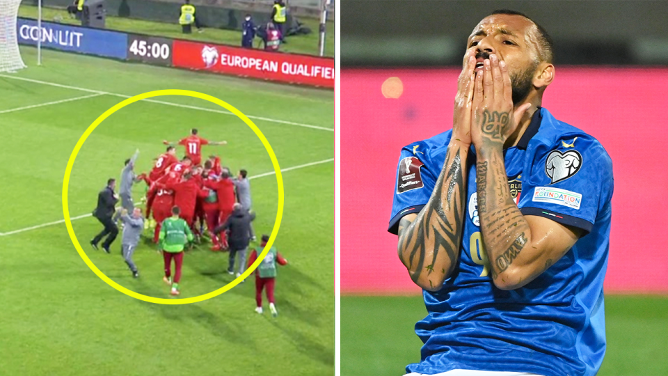 North Macedonia (pictured left) celebrating after scoring a stoppage time winner and (pictured right) Italy's Joao Pedro reacting with despair.