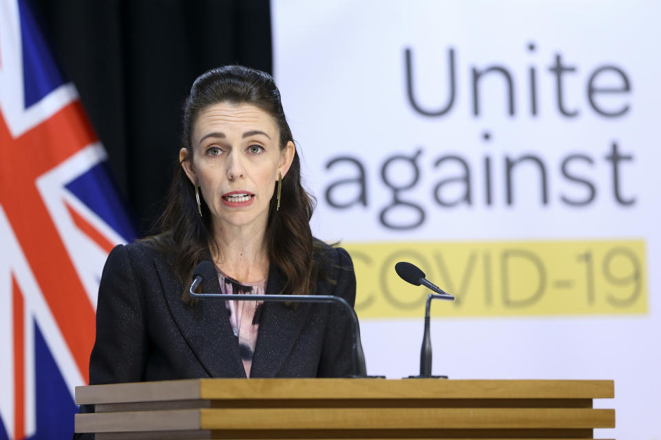 WELLINGTON, NEW ZEALAND - APRIL 09: Prime Minister Jacinda Ardern speaks to media during a press conference at Parliament on April 09, 2020 in Wellington, New Zealand. New Zealand has been in lockdown since Thursday 26 March following tough restrictions imposed by the government to stop the spread of COVID-19 across the country.  A State of National Emergency is in place along with an Epidemic Notice to help ensure the continuity of essential Government business. Under the COVID-19 Alert Level Four measures, all non-essential businesses are closed, including bars, restaurants, cinemas and playgrounds. Schools are closed and all indoor and outdoor events are banned. Essential services will remain open, including supermarkets and pharmacies. Lockdown measures are expected to remain in place for around four weeks, with Prime Minister Jacinda Ardern warning there will be zero tolerance for people ignoring the restrictions, with police able to enforce them if required.  (Photo by Hagen Hopkins/Getty Images)