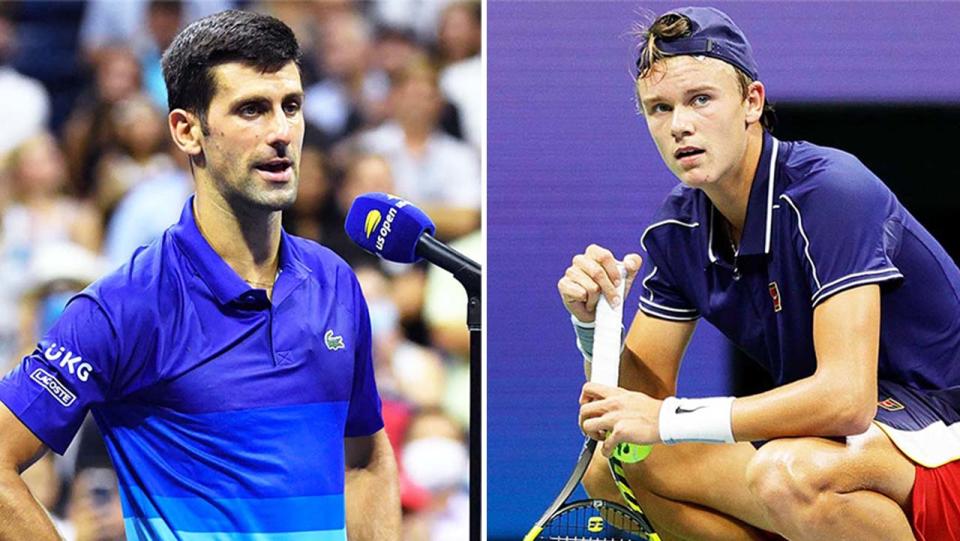 Novak Djokvovic (pictured left) talking after his US Open win and Holger Rune (pictured right) suffering with cramp.