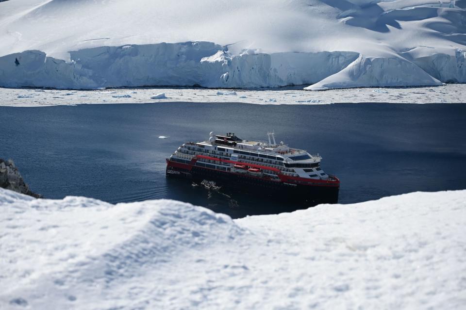 View of the Hurtigruten hybrid expedition cruise ship, MS Roald Amundsen, at Orne Harbur in the South Shetland Islands, Antarctica on November 08, 2019.<span class="copyright">Johan Ordonez—AFP/Getty Images</span>