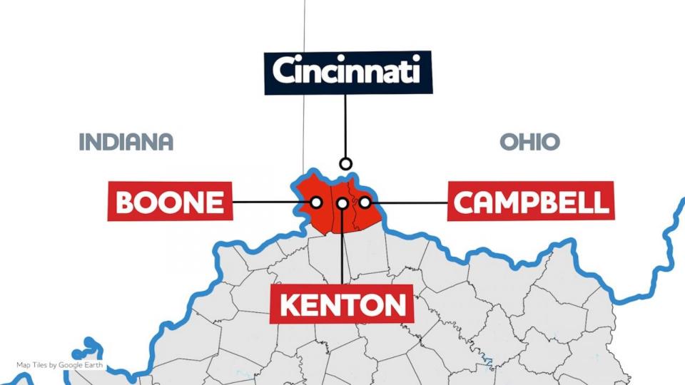 PHOTO: The top three counties of Kentucky are three counties near Cincinnati where Democratic Gov. Andy Beshear was either able to win or narrow his losses. (ABC News Photo Illustration)