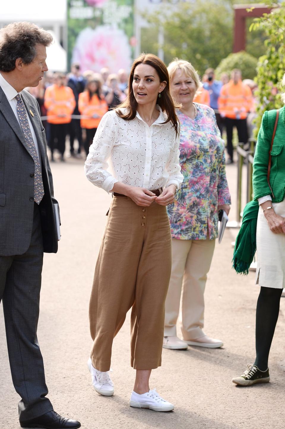 The Duchess of Cambridge went casual-chic at <a href="https://people.com/royals/kate-middleton-shares-her-new-garden-with-school-kids-and-her-hope-to-inspire-quality-time/" rel="nofollow noopener" target="_blank" data-ylk="slk:the opening of the Chelsea Flower Show in London;elm:context_link;itc:0;sec:content-canvas" class="link ">the opening of the Chelsea Flower Show in London</a> wearing a $325 broderie anglais crisp white top from M.i.h. Jeans paired with camel colored culottes from Massimo Dutti and her beloved <a href="https://click.linksynergy.com/deeplink?id=93xLBvPhAeE&mid=1237&murl=https%3A%2F%2Fshop.nordstrom.com%2Fs%2Fsuperga-cotu-sneaker-women%2F3284914&u1=PEO%2CShopping%3AEverythingYouNeedtoCopyKateMiddleton%E2%80%99sSummerStyle%2Ckamiphillips2%2CUnc%2CGal%2C7115494%2C201909%2CI" rel="nofollow noopener" target="_blank" data-ylk="slk:white Superga sneakers;elm:context_link;itc:0;sec:content-canvas" class="link ">white Superga sneakers</a>. <strong>Get the Look!</strong> J.Crew Mixed Eyelet Popover Top, $75; <a href="https://click.linksynergy.com/deeplink?id=93xLBvPhAeE&mid=1237&murl=https%3A%2F%2Fshop.nordstrom.com%2Fs%2Fj-crew-mixed-eyelet-popover-top-regular-plus-size%2F5268101&u1=PEO%2CShopping%3AEverythingYouNeedtoCopyKateMiddleton%E2%80%99sSummerStyle%2Ckamiphillips2%2CUnc%2CGal%2C7115494%2C201909%2CI" rel="nofollow noopener" target="_blank" data-ylk="slk:nordstrom.com;elm:context_link;itc:0;sec:content-canvas" class="link ">nordstrom.com</a> Hale Bob Embroidered Eyelet Blouse, $92.97 (orig. $218); <a href="https://www.pjatr.com/t/8-10134-131940-120793?sid=PEO%2CShopping%3AEverythingYouNeedtoCopyKateMiddleton%E2%80%99sSummerStyle%2Ckamiphillips2%2CUnc%2CGal%2C7115494%2C201909%2CI&url=https%3A%2F%2Fwww.nordstromrack.com%2Fshop%2Fproduct%2F2772823%2Fhale-bob-embroidered-eyelet-blouse%3Fcolor%3DWHITE" rel="nofollow noopener" target="_blank" data-ylk="slk:nordstromrack.com;elm:context_link;itc:0;sec:content-canvas" class="link ">nordstromrack.com</a> Polo Ralph Lauren Eyelet Linen Shirt, $198; <a href="https://click.linksynergy.com/deeplink?id=93xLBvPhAeE&mid=1237&murl=https%3A%2F%2Fshop.nordstrom.com%2Fs%2Fpolo-ralph-lauren-eyelet-linen-shirt%2F5250882&u1=PEO%2CShopping%3AEverythingYouNeedtoCopyKateMiddleton%E2%80%99sSummerStyle%2Ckamiphillips2%2CUnc%2CGal%2C7115494%2C201909%2CI" rel="nofollow noopener" target="_blank" data-ylk="slk:nordstrom.com;elm:context_link;itc:0;sec:content-canvas" class="link ">nordstrom.com</a> Joie Janah Eyelet Lace Blouse, $208.50 (orig. $278); <a href="https://click.linksynergy.com/deeplink?id=93xLBvPhAeE&mid=13867&murl=https%3A%2F%2Fwww.bloomingdales.com%2Fshop%2Fproduct%2Fjoie-janah-eyelet-lace-top%3FID%3D3282096&u1=PEO%2CShopping%3AEverythingYouNeedtoCopyKateMiddleton%E2%80%99sSummerStyle%2Ckamiphillips2%2CUnc%2CGal%2C7115494%2C201909%2CI" rel="nofollow noopener" target="_blank" data-ylk="slk:bloomingdales.com;elm:context_link;itc:0;sec:content-canvas" class="link ">bloomingdales.com</a> Free People Patti Pant, $38 (orig. $78); <a href="http://www.anrdoezrs.net/links/8029122/type/dlg/sid/PEO,Shopping:EverythingYouNeedtoCopyKateMiddleton’sSummerStyle,kamiphillips2,Unc,Gal,7115494,201909,I/https://www.revolve.com/free-people-patti-pant/dp/FREE-WP269/" rel="nofollow noopener" target="_blank" data-ylk="slk:revolve.com;elm:context_link;itc:0;sec:content-canvas" class="link ">revolve.com</a> Everlane The Wide Leg Crop Pant, $68; <a href="https://www.pjtra.com/t/8-9711-131940-104709?sid=PEO%2CShopping%3AEverythingYouNeedtoCopyKateMiddleton%E2%80%99sSummerStyle%2Ckamiphillips2%2CUnc%2CGal%2C7115494%2C201909%2CI&url=https%3A%2F%2Fwww.everlane.com%2Fproducts%2Fwomens-hirise-wide-crop-pant-ochre%3Fcollection%3Dwomens-bottoms" rel="nofollow noopener" target="_blank" data-ylk="slk:everlane.com;elm:context_link;itc:0;sec:content-canvas" class="link ">everlane.com</a> Madewell Emmett High Waist Crop Wide Leg Pants, $68 (orig. $88); <a href="https://click.linksynergy.com/deeplink?id=93xLBvPhAeE&mid=1237&murl=https%3A%2F%2Fshop.nordstrom.com%2Fs%2Fmadewell-emmett-high-waist-crop-wide-leg-pants%2F5033528&u1=PEO%2CShopping%3AEverythingYouNeedtoCopyKateMiddleton%E2%80%99sSummerStyle%2Ckamiphillips2%2CUnc%2CGal%2C7115494%2C201909%2CI" rel="nofollow noopener" target="_blank" data-ylk="slk:nordstrom.com;elm:context_link;itc:0;sec:content-canvas" class="link ">nordstrom.com</a>