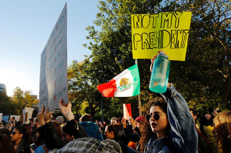 People take part in a protest against Republican president-elect Donald Trump at the Washington Square park in the neighborhood of Manhattan in New York, U.S., November 11, 2016. REUTERS/Eduardo Munoz