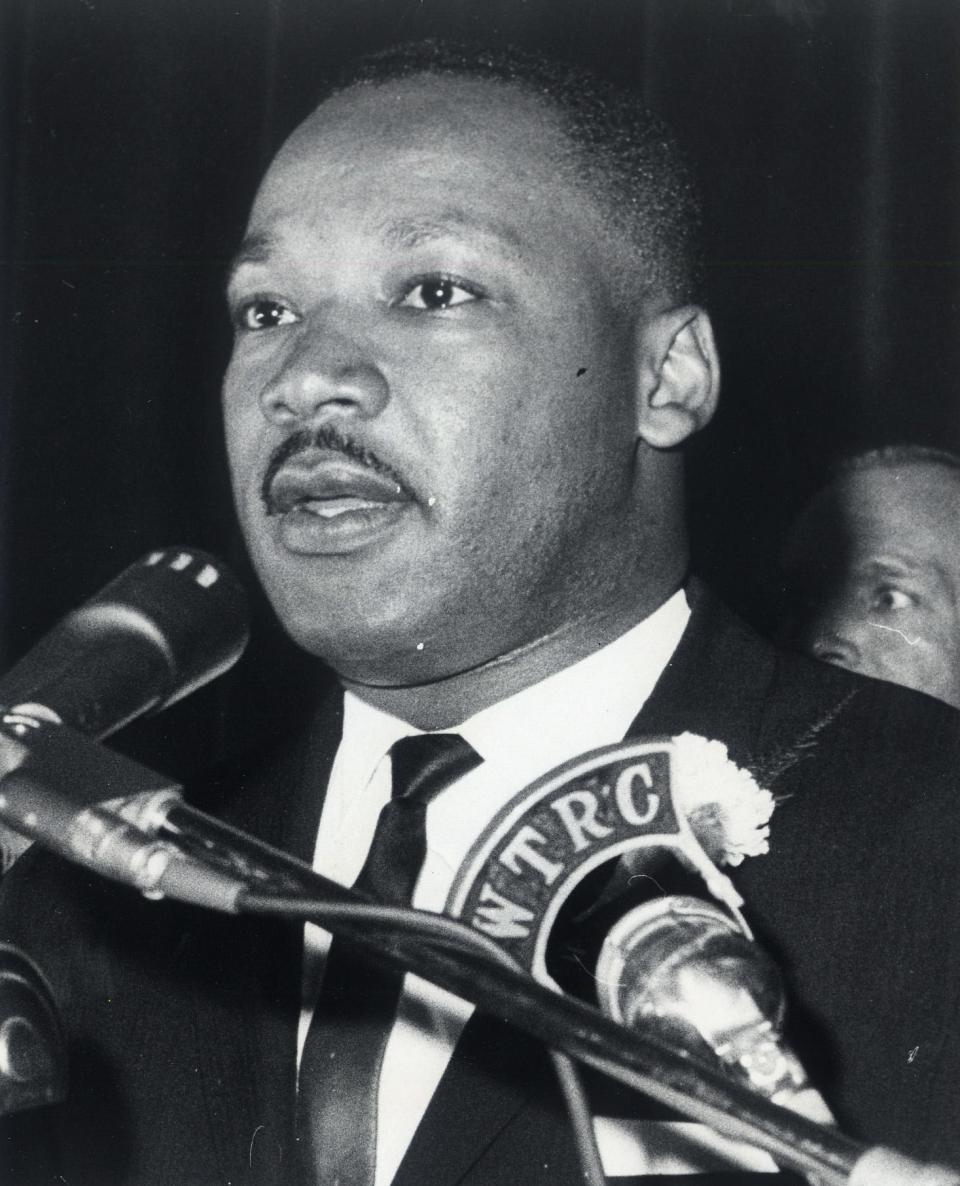 The Rev. Martin Luther King Jr. speaks Oct. 18, 1963, at the University of Notre Dame during a visit to South Bend. King spoke that evening to more than 3,000 people in Stepan Center at Notre Dame.