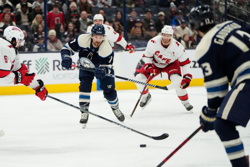 Feb 29, 2024; Columbus, Ohio, USA; Columbus Blue Jackets center Sean Kuraly (7) makes a pass during the third period of the NHL hockey game against the Carolina Hurricanes at Nationwide Arena. The Blue Jackets lost 4-2.