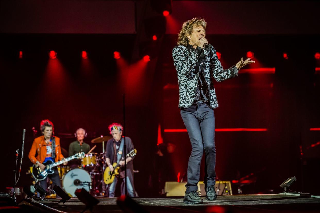The Rolling Stones Live at the Johan Cruijff ArenA, Amsterdam, 2017, Mick Jagger in the Right Foreground, Bandmates in the Left Background