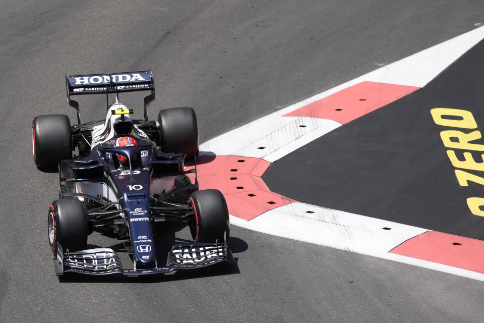 AlphaTauri driver Pierre Gasly of France steers his car during the third free practice session at the Baku Formula One city circuit in Baku, Azerbaijan, Saturday, June 5, 2021. The Azerbaijan Formula One Grand Prix will take place on Sunday. (AP Photo/Darko Vojinovic)