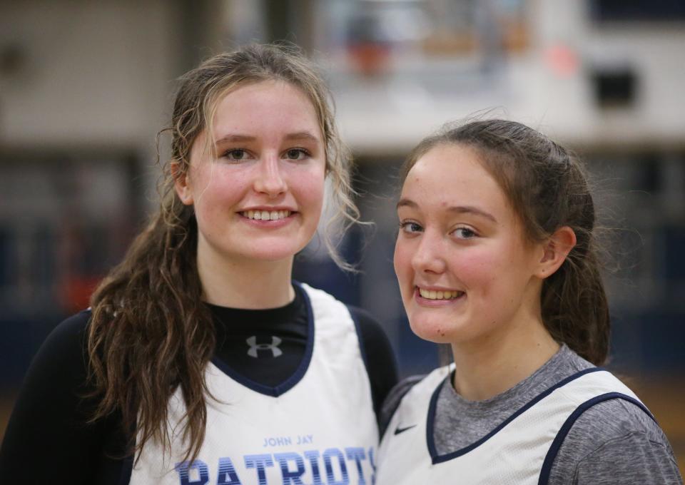 John Jay basketball players, from left, Gabby Sweeny and Grace Kennedy after a scrimmage versus Red Hook on November 30, 2023.