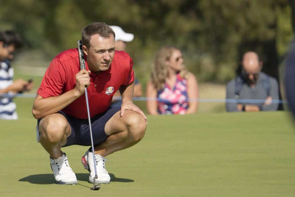 United States' Jordan Spieth look at the lie of his putt during practice round ahead of the Ryder Cup at the Marco Simone Golf Club in Guidonia Montecelio, Italy, Tuesday, Sept. 26, 2023. The Ryder Cup starts Sept. 29, at the Marco Simone Golf Club. (AP Photo/Alessandra Tarantino)