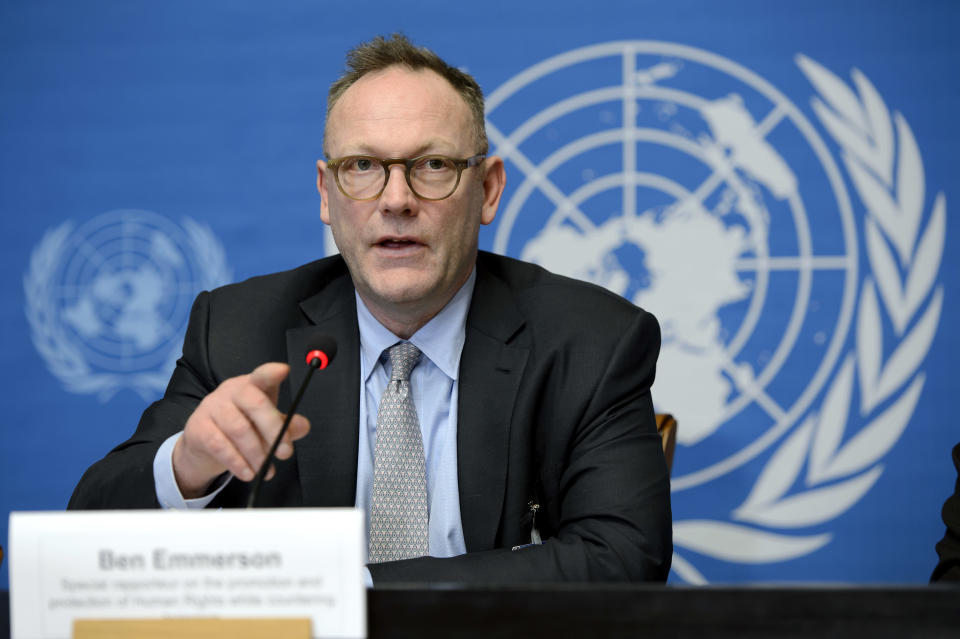 Ben Emmerson, UN Special Rapporteur on Counter Terrorism and Human Rights speaks during a press conference about his annual report to the Human Rights Council on the use of remotely piloted aircraft, or drones, in extraterritorial lethal counter-terrorism operations, at the European headquarters of the United Nations, in Geneva, Switzerland, Wednesday, March 12, 2014.. The expert will also refer to his reports on his 2013 missions to Burkina Faso and Chile. (AP Photo/Keystone,Martial Trezzini)