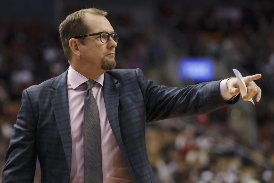 Toronto Raptors head coach Nick Nurse points during the first half of a preseason NBA basketball game against the Chicago Bulls in Toronto, Sunday, Oct. 13, 2019. (Cole Burston/The Canadian Press via AP)