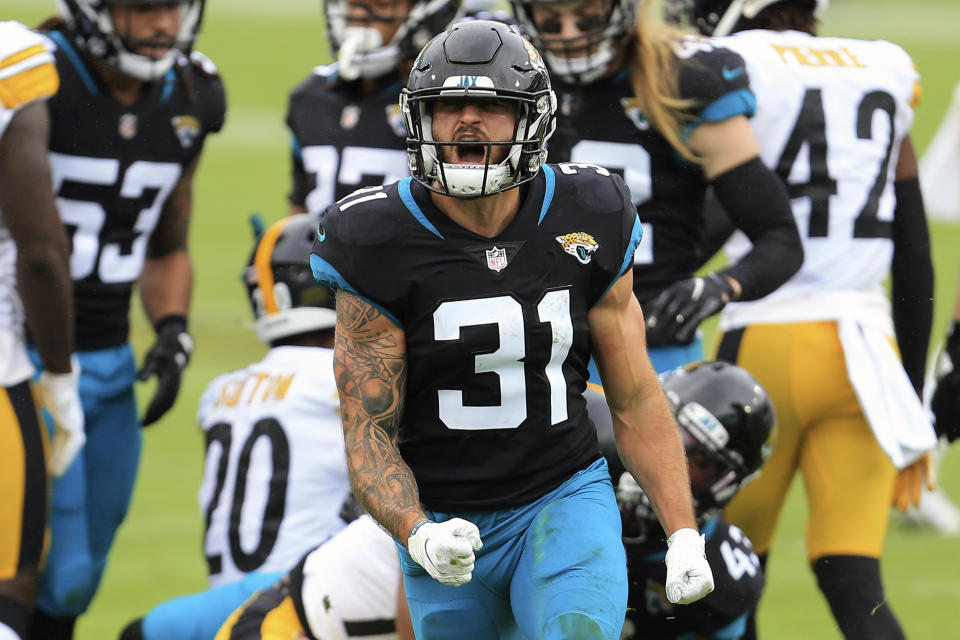 Jacksonville Jaguars running back Nathan Cottrell (31) reacts after making a tackle against the Pittsburgh Steelers during the first half of an NFL football game, Sunday, Nov. 22, 2020, in Jacksonville, Fla. (AP Photo/Matt Stamey)