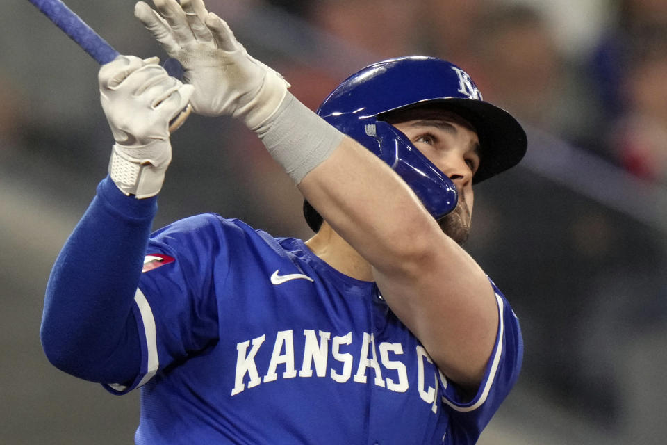 Kansas City Royals' Michael Massey hits a three run home run during the eighth inning of a baseball game against the Toronto Blue Jays in Toronto, Wednesday, May 1, 2024. (Chris Young/The Canadian Press via AP)