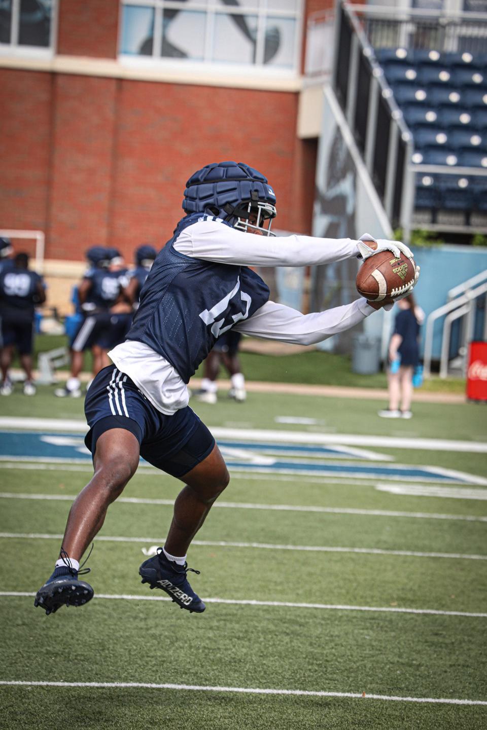 Georgia Southern defensive back Derrick Canteen catches a ball during the first fall practice at Paulson Stadium in Statesboro.
