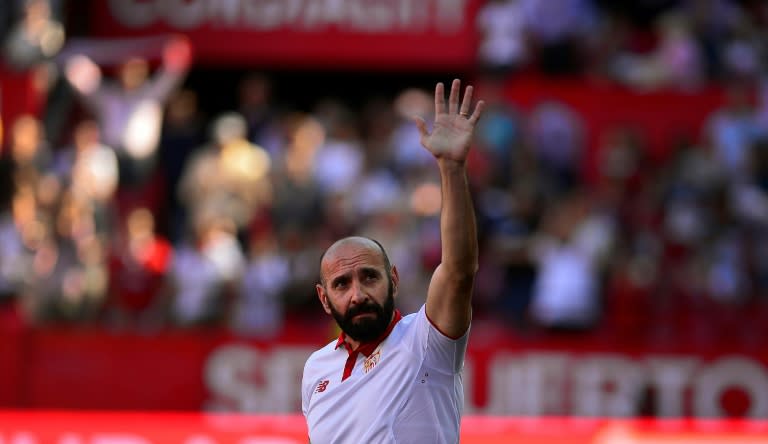 Former sporting director of Sevilla Ramon Rodriguez Berdejo 'Monchi' bids goodbye to club supporters at the Ramon Sanchez Pizjuan stadium in Sevilla on April 8, 2017