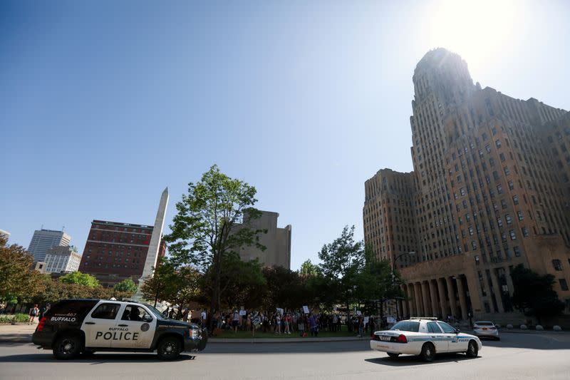 Demonstrators march in protest against the death in Minneapolis police custody of George Floyd in Niagara Square, in Buffalo