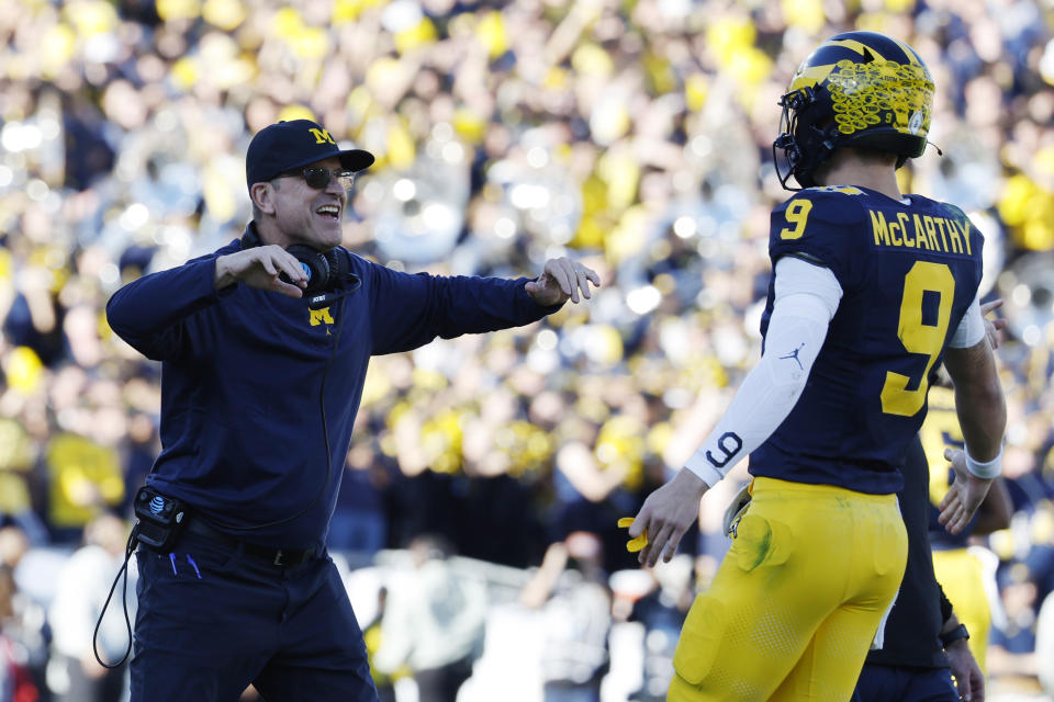 Nobody has been more effusive with praise for J.J. McCarthy this NFL Draft cycle than his former head coach at Michigan, Jim Harbaugh — who now coaches the team picking fifth overall. (Photo by Kevork Djansezian/Getty Images)