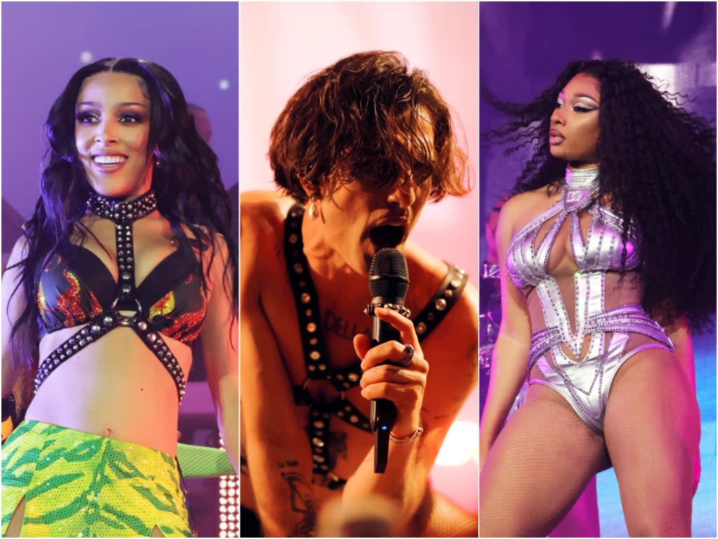 (L-R) Doja Cat, Maneskin and Megan Thee Stallion all debuted unreleased music at Coachella 2022 (Getty Images)