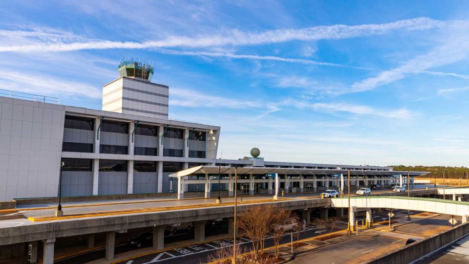 Jackson-Medgar Wiley Evers International Airport exterior with no cars or people