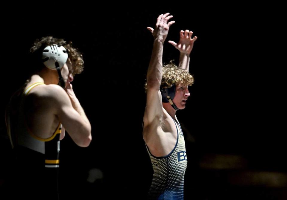 Bald Eagle Area’s Lucas Fye celebrates his 7-5 win over Quaker Valley’s Jack Kazalas in the 133 lb bout of the match on Monday, Feb. 5, 2024.