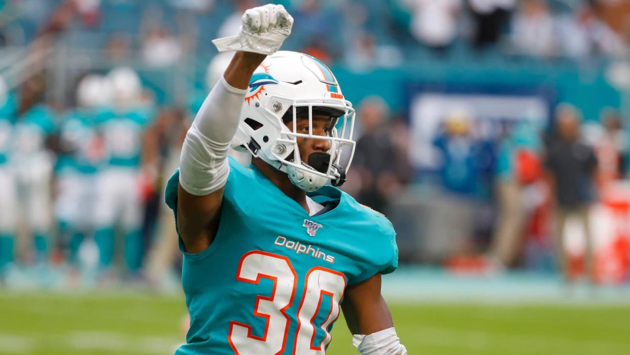 Mandatory Credit: Photo by Wilfredo Lee/AP/Shutterstock (10511646ff)Miami Dolphins free safety Reshad Jones (20) reacts, during overtime at an NFL football game, in Miami Gardens, Fla.