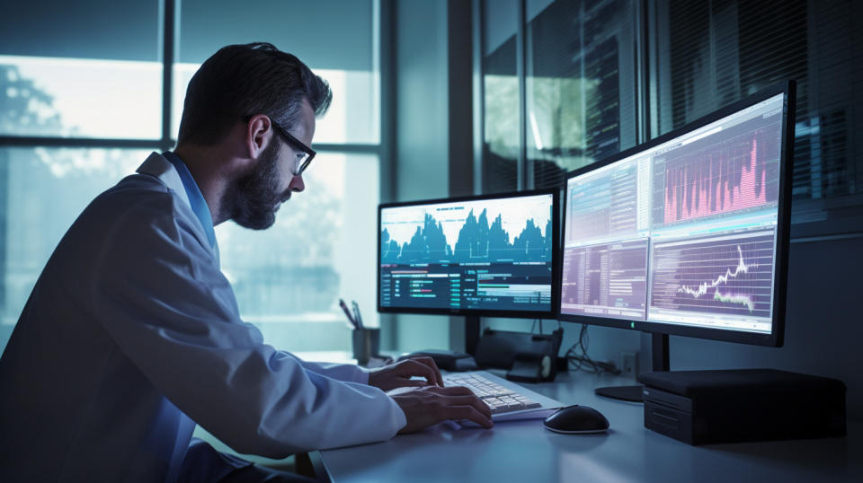 A healthcare professional in front of a computer monitor analysing the results of a new prognosis prediction test.