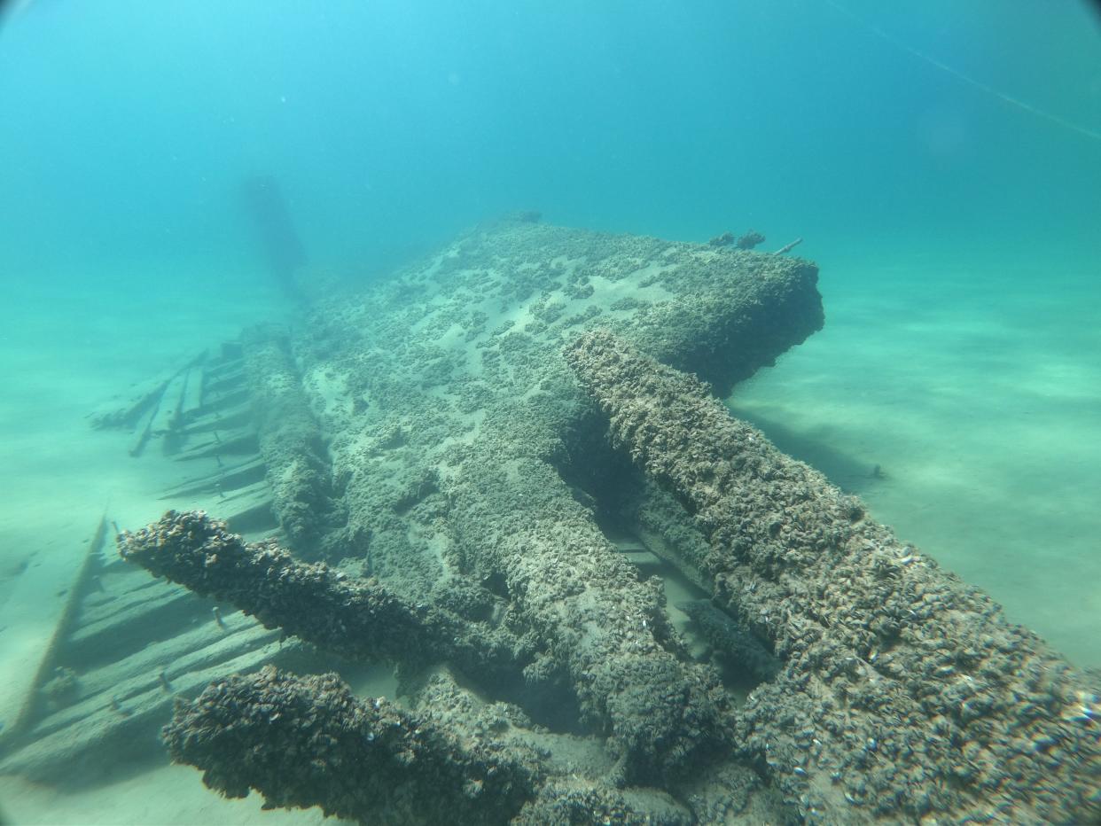 Part of the shipwreck Emerline, a 19th-century logging schooner in the water off Baileys Harbor that recently was placed on the State Register of Historic Places in Wisconsin.
