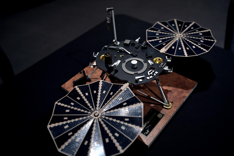 DENVER, CO - NOVEMBER 26: A model of the InSight Lander at the Denver Museum of Nature & Science landing event. InSight launched from Vandenberg Air Force Base in California May 5. The lander touched down Monday, Nov. 26, near Mars' equator on the Elysium Planitia November 26, 2018 in Denver, CO. (Photo by Joe Amon/The Denver Post via Getty Images)