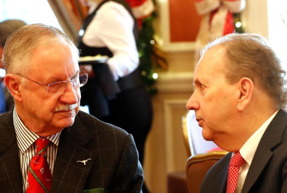 Former mayors Mike Moncrief, left, and Kenneth Barr at the 2019 Exchange Club Goodfellows luncheon.