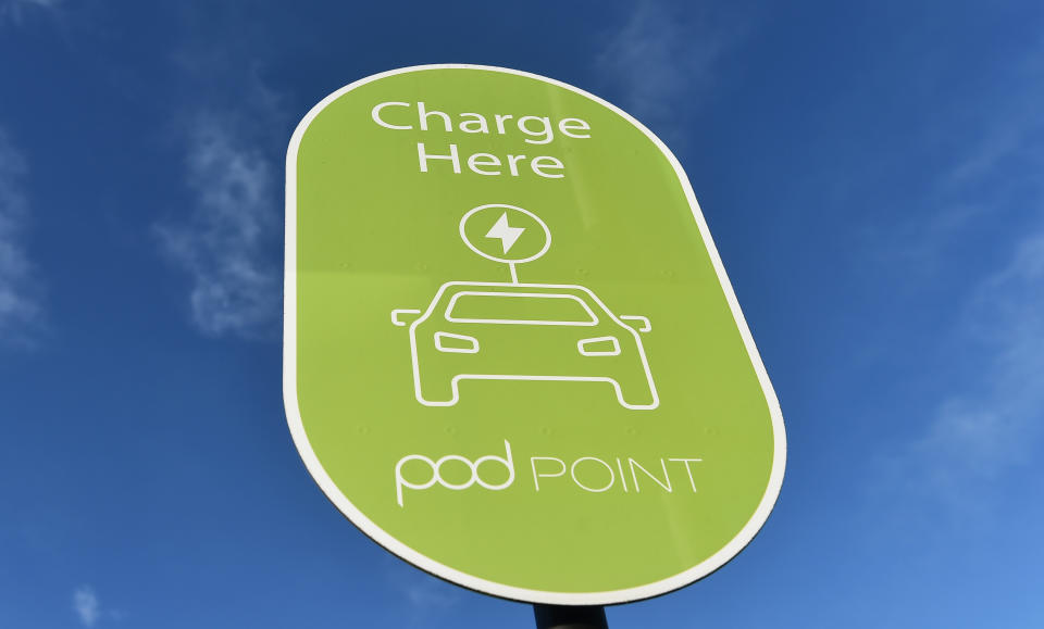 STOKE-ON-TRENT, ENGLAND - NOVEMBER 15: A electric vehicle charging pod point sign is seen on November 15, 2020 in Stoke-On-Trent, England. In a 10-point environmental plan to be announced this week, the British government is expected to ban the sale of petrol and diesel cars by 2030, five years earlier than previously committed. (Photo by Nathan Stirk/Getty Images)