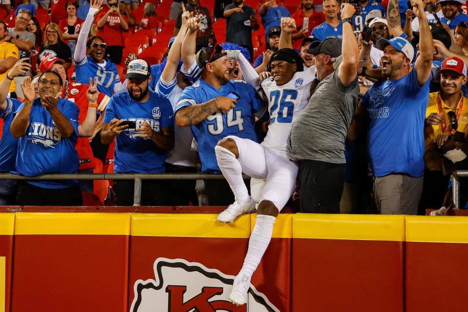 Detroit Lions rookie running back Jahmyr Gibbs celebrates the 21-20 win over the Kansas City Chiefs with Lions fans at Arrowhead Stadium in Kansas City, Mo. on Thursday, Sept. 7, 2023.