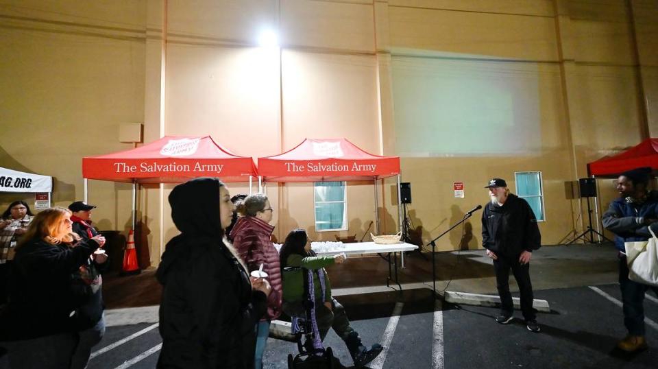 Mike Bassett speaks about his friend Harlan Dean Norton during the “The Longest Night” memorial at The Salvation Army’s Berberian shelter in Modesto, Calif., Thursday, Dec. 21, 2023.