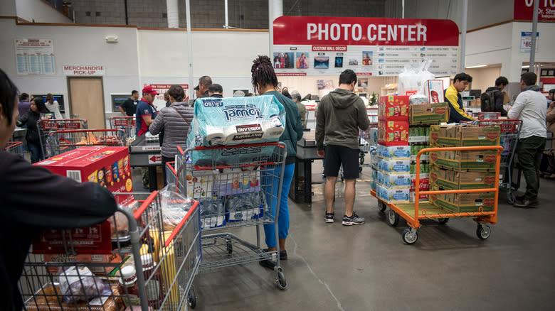 Costco shoppers in line to checkout