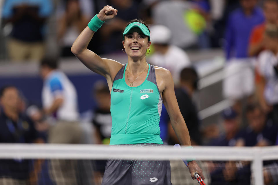 Alize Cornet (pictured) fist-pumps after defeating Emma Raducanu at the US Open.