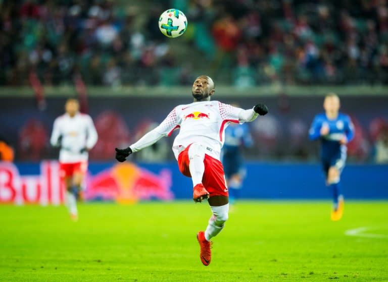 Leipzig's midfielder Naby Keita plays the ball during the German first division Bundesliga football match against FC Schalke 04 January 13, 2018