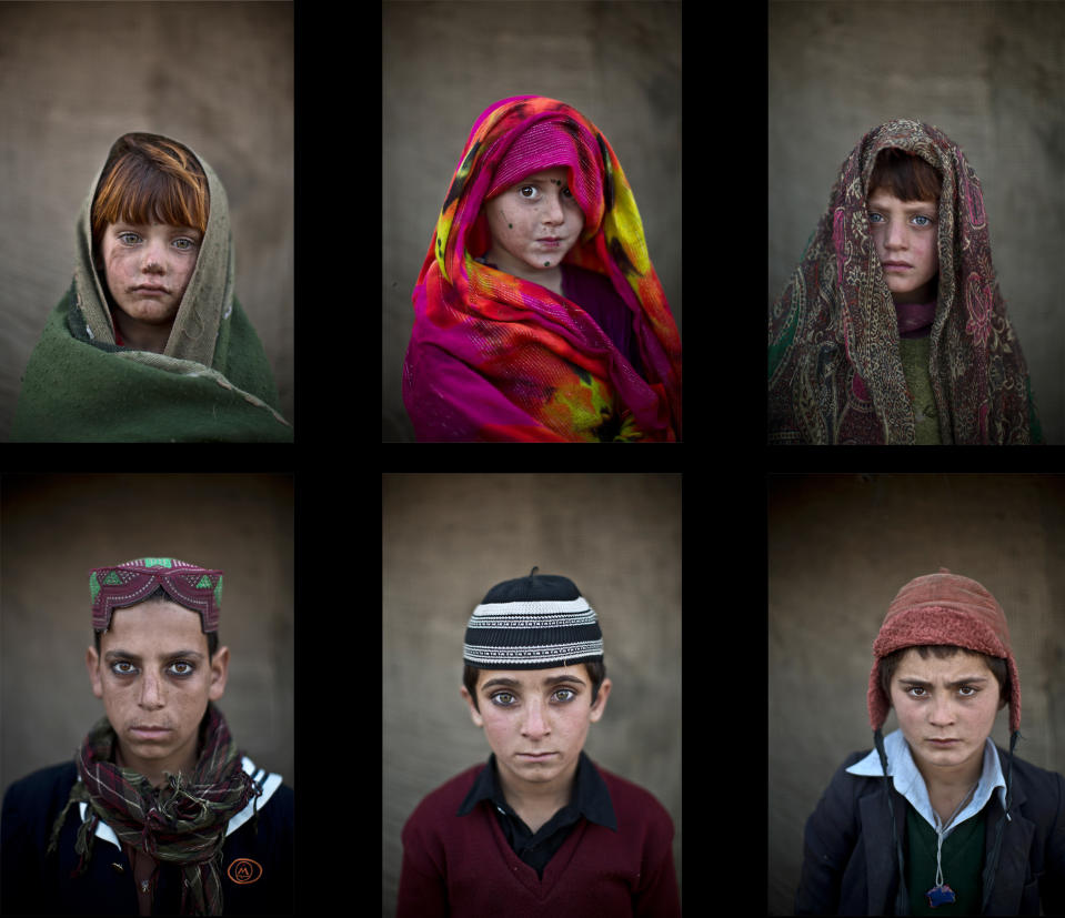 COMBO - This combination of 6 images taken between Friday, Jan. 24, 2014 and Monday, Jan. 27, 2014, shows Afghan refugee children in a slum on the outskirts of Islamabad, Pakistan. For more than three decades, Pakistan has been home to one of the world’s largest refugee communities: hundreds of thousands of Afghans who have fled the repeated wars and fighting their country has undergone. Since the 2002 U.S.-led invasion of Afghanistan, some 3.8 million Afghans have returned to their home country, according to the U.N.’s refugee agency. (AP Photo/Muhammed Muheisen)