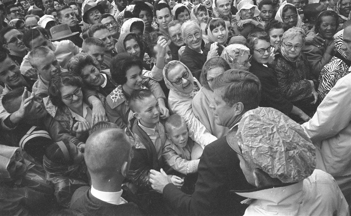 John F. Kennedy surrounded by crowd outside Hotel Texas, Fort Worth, 11/22/1963