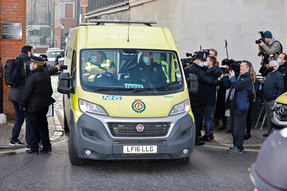 <p>An ambulance leaves from the rear entrance of King Edward VII's Hospital in central London </p> (AFP via Getty Images)