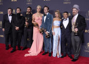 Brett Goldstein, Hannah Waddingham, Jason Sudeikis, Juno Temple and the cast and crew from "Ted Lasso" pose with their awards for outstanding supporting actor in a comedy series, outstanding supporting actress in a comedy series, outstanding lead actor in a comedy series and outstanding comedy series at the 73rd Primetime Emmy Awards on Sunday, Sept. 19, 2021, at L.A. Live in Los Angeles. (AP Photo/Chris Pizzello)