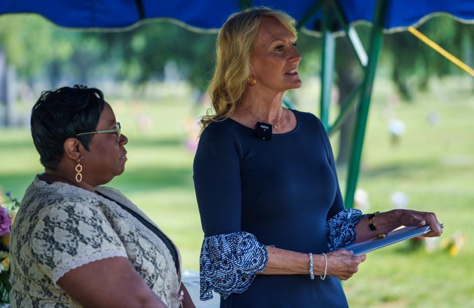 Linda Znachko, founder of He Knows Your Name ministry, reads Thursday, June 8, 2023, the names of 75 people who died in Marion County but were never claimed from 2020 to 2021. "This completes the (burial of) unclaimed at the coroner's office to date," Znachko said. "I have watched the Marion County Coroner's Office for two years work to come to a solution. They are leading the way not only in the state of Indiana, but in our country."