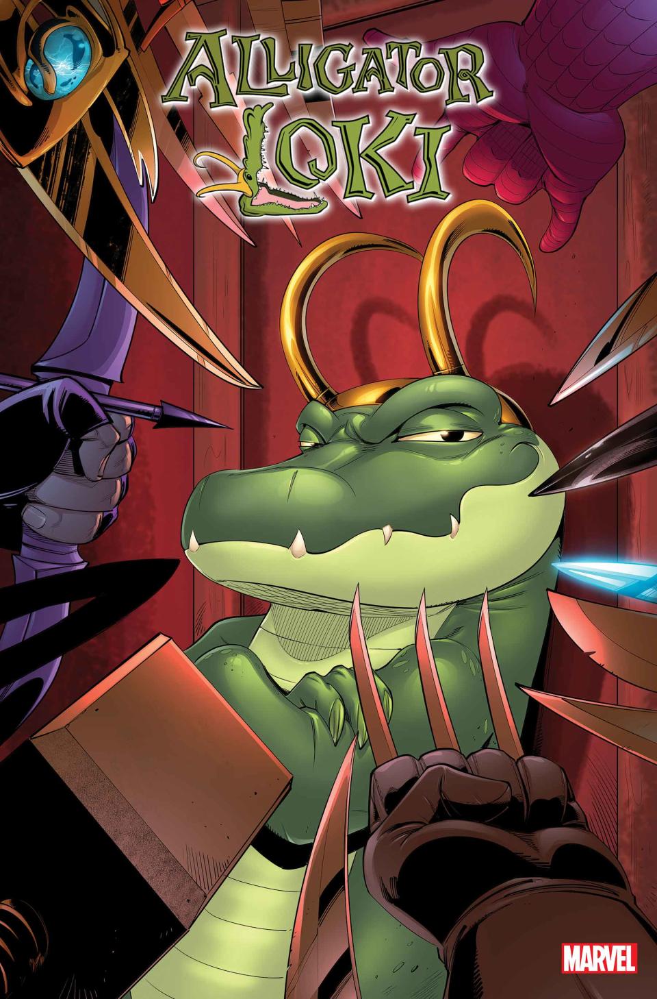 Alligator Loki with swords pointed at him.