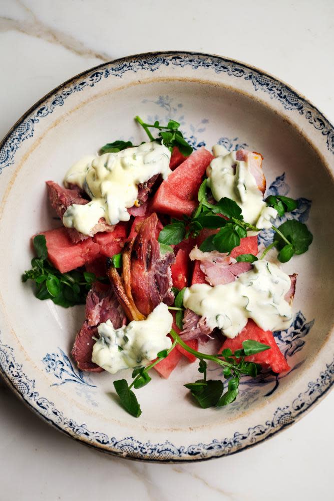 Ham, watermelon and basil salad